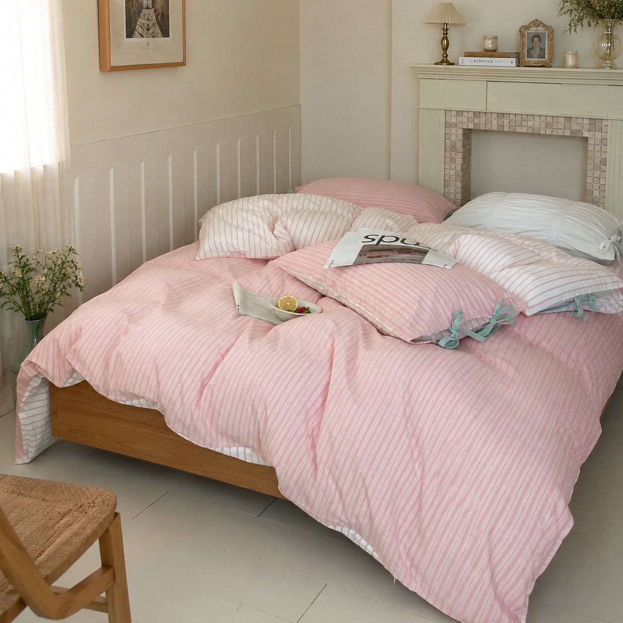 Pink striped cotton bedding collection