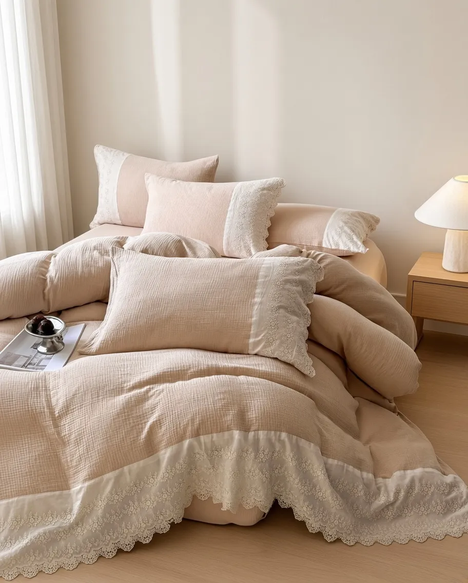 Ruffle Lace Cotton Double Gauze Breathable Bedding Set