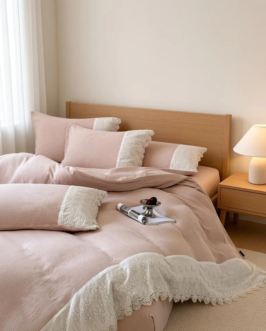 Ruffle Lace Cotton Double Gauze Breathable Bedding Set