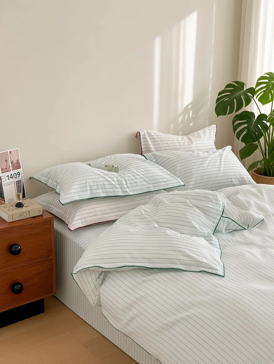 Scandinavian Striped Cotton Overlock Bedding Set