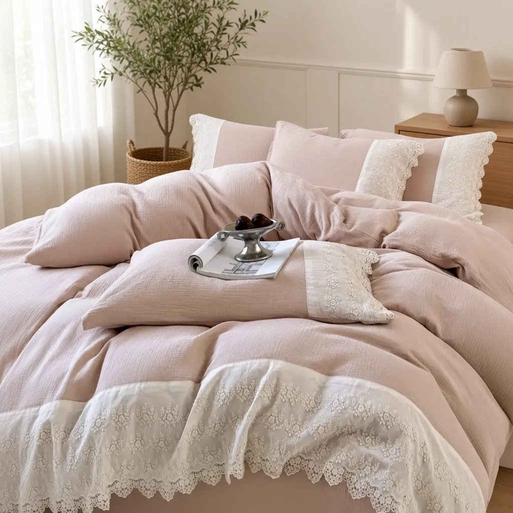 Ruffle Lace Cotton Double Gauze Breathable Bedding Set