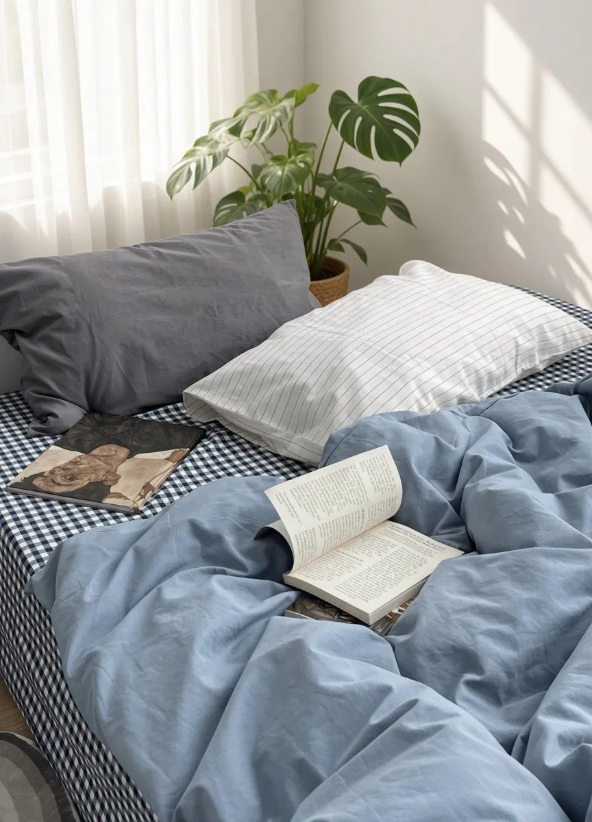 Minimalist Mixed Gingham Cotton Washed Breathable Bedding Set