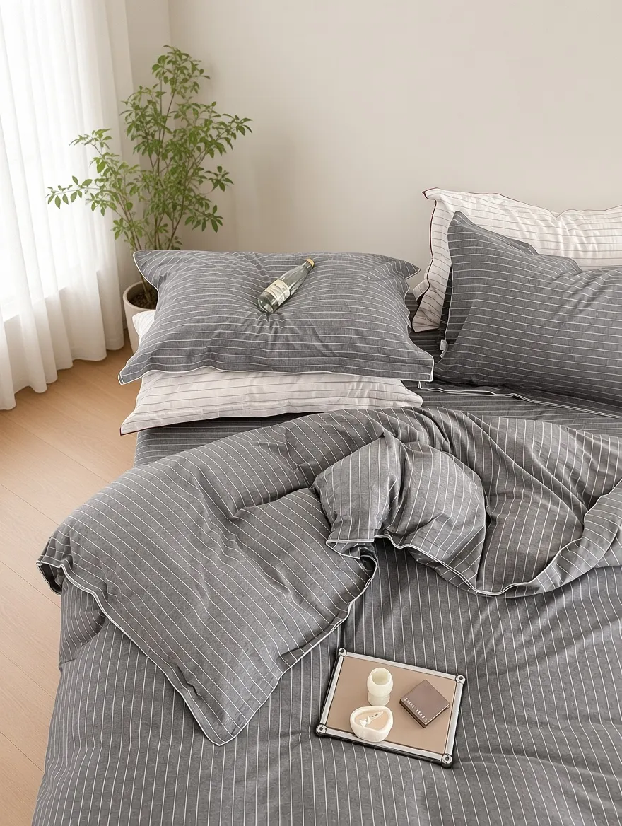 Scandinavian Striped Cotton Overlock Bedding Set