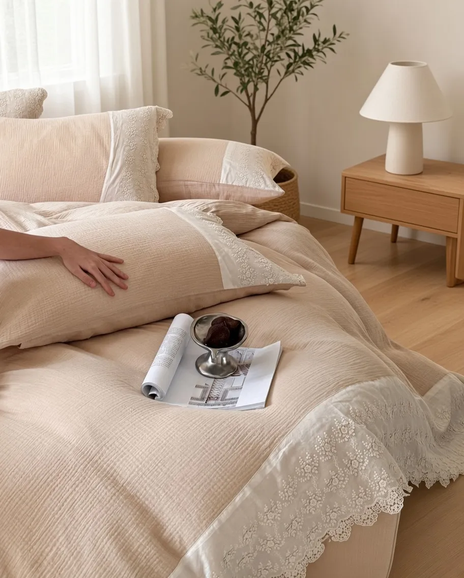 Ruffle Lace Cotton Double Gauze Breathable Bedding Set