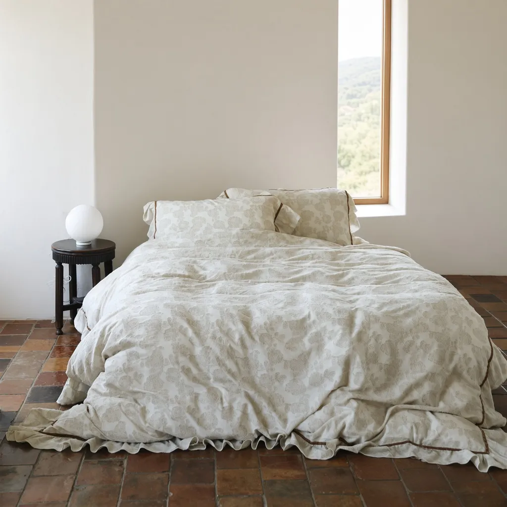 Floral Ruffle Linen Cotton Embroidered Bedding Set