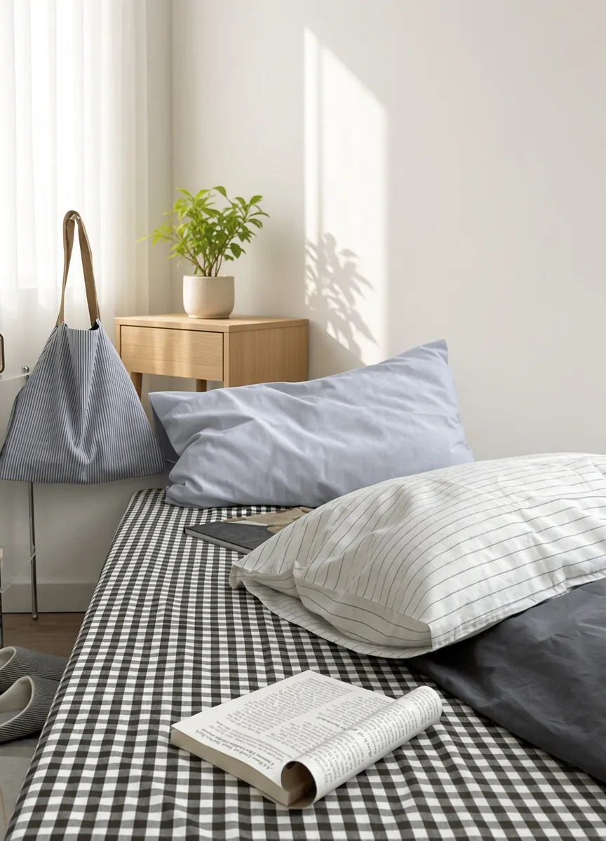 Minimalist Mixed Gingham Cotton Washed Breathable Bedding Set