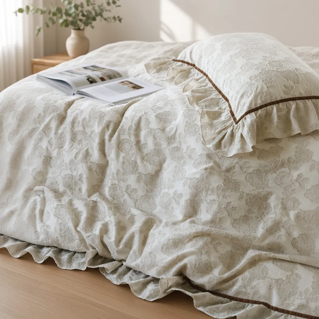 Floral Ruffle Linen Cotton Embroidered Bedding Set
