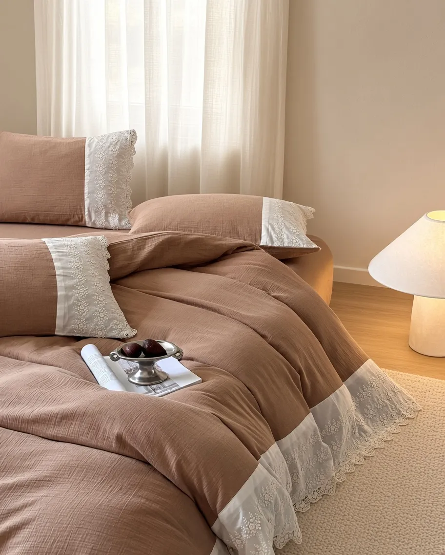 Ruffle Lace Cotton Double Gauze Breathable Bedding Set
