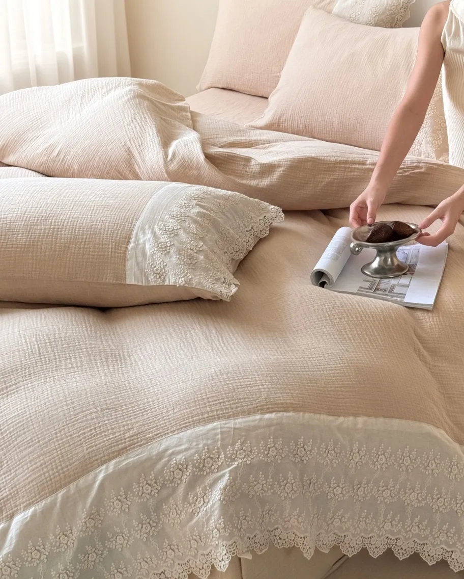 Ruffle Lace Cotton Double Gauze Breathable Bedding Set