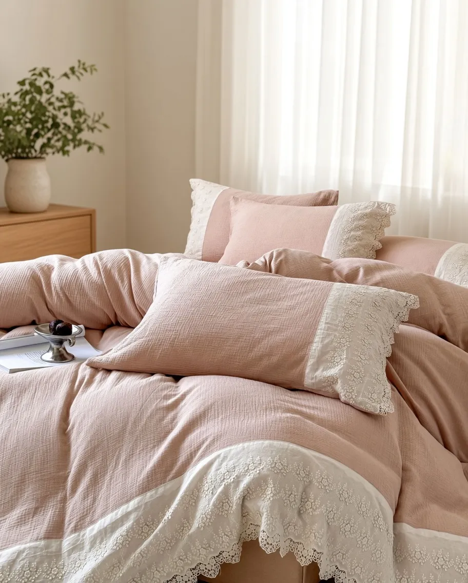 Ruffle Lace Cotton Double Gauze Breathable Bedding Set