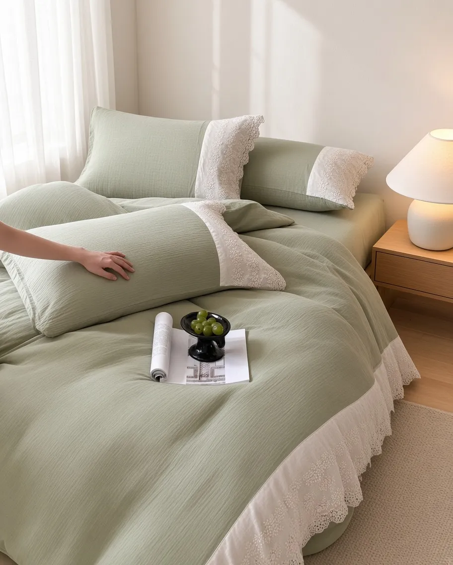 Ruffle Lace Cotton Double Gauze Breathable Bedding Set